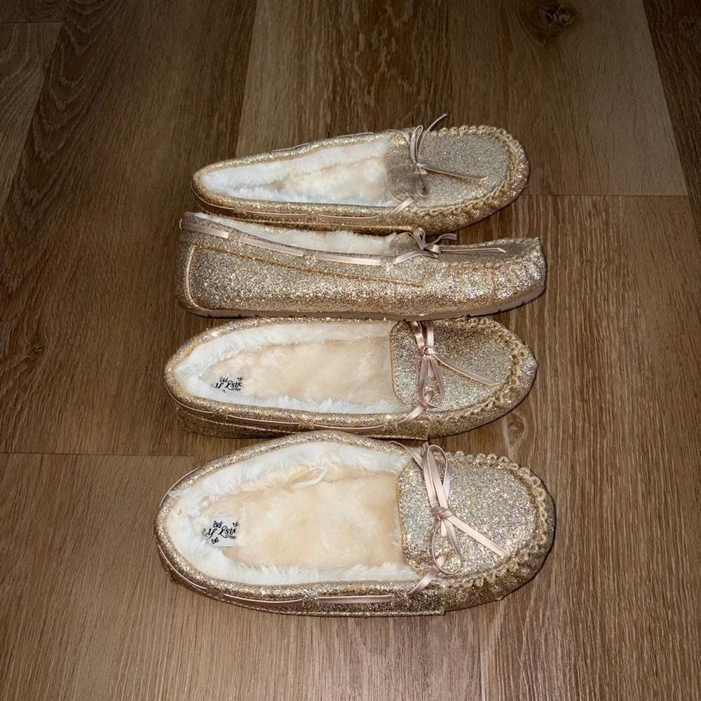 2 Pairs SELF ESTEEM Toddler Girls Glitter Moccasin Shoes Gold Flats Sizes 3 & 4